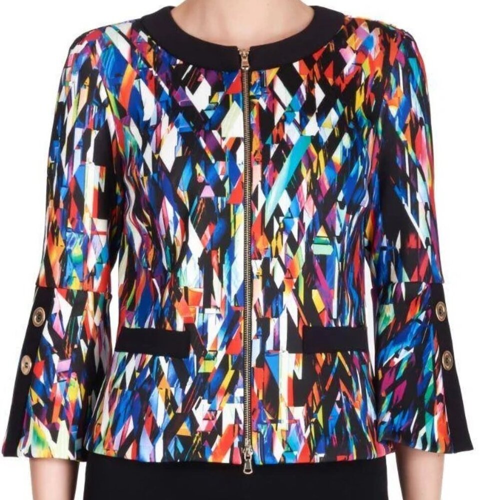 Joseph Ribkoff Artsy Abstract Zip Up Jacket Faux Pockets Size 8